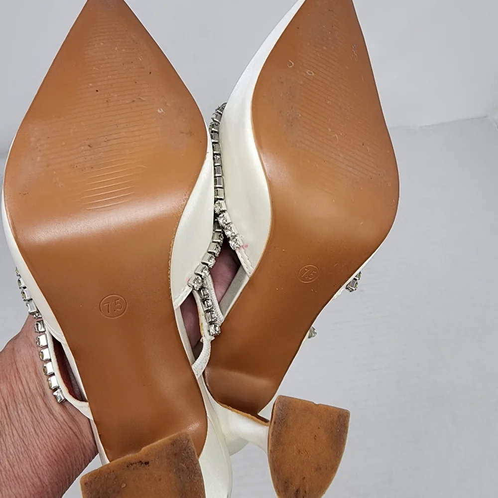 New‎ White Satin Rhinestone Heels Elegant  Mule Stiletto Pumps Wedding Party 7.5 - Picture 7 of 9
